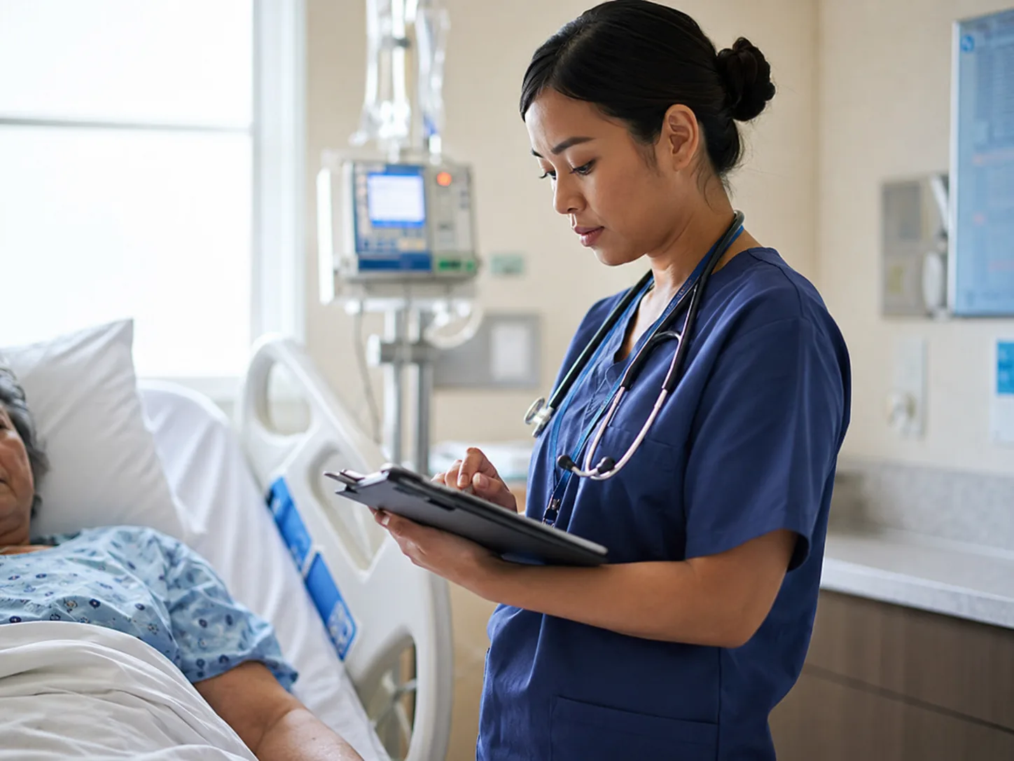 Profesional sanitaria atendiendo a una paciente hospitalizada